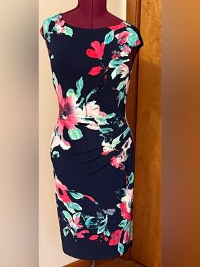 Ralph Lauren Floral Sheath Dress in Navy with Pink & Green Accents